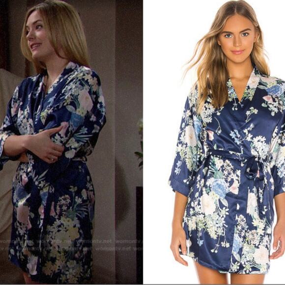 Flora Nikrooz Satin Blue Floral Print Petra Short Robe Tie Belt M/L Medium Large - Picture 11 of 12